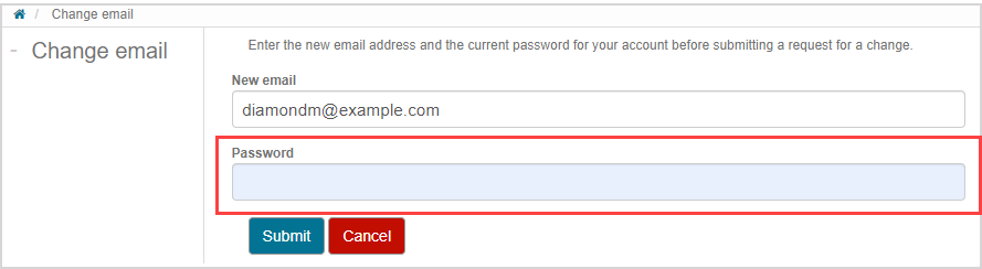 The "Password" field is the second field on the Change email page.